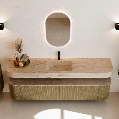 MONDIAZ THOR-DLUX 200cm meuble de salle de bains arrondi gauche + droite couleur Dusk avec 2 tiroirs et 2 portes. Vasque suspendue CLOUD Milieu 1 trou de robinet couleur Arena.