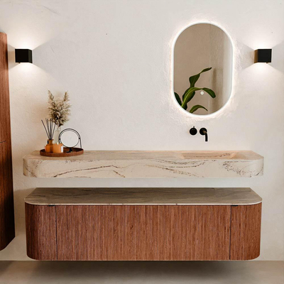 MONDIAZ THOR-DLUX Meuble de salle de bains 170cm arrondi gauche + droite couleur Ruby avec 1 tiroir et 2 portes. Vasque suspendue CLOUD Droite sans trou de robinet couleur Arena.