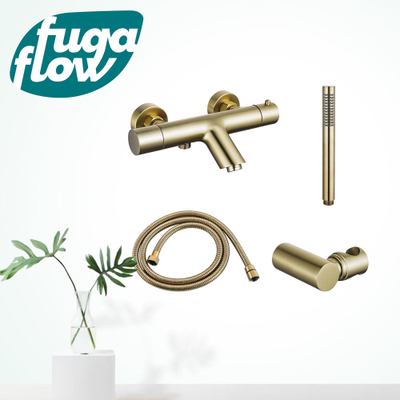 FugaFlow Eccelente Sobrado Badkamer Thermostatische badkraan met staafhanddouche, handdouchehouder en metalen doucheslang Geborsteld Messing PVD