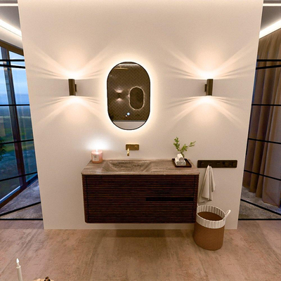 Mondiaz CIRO-DLUX Badkamermeubelset - 110x45x50cm - Solid surface wastafel Oza - 1 wasbak Links - zonder kraangaten - 2 lades - Walnut