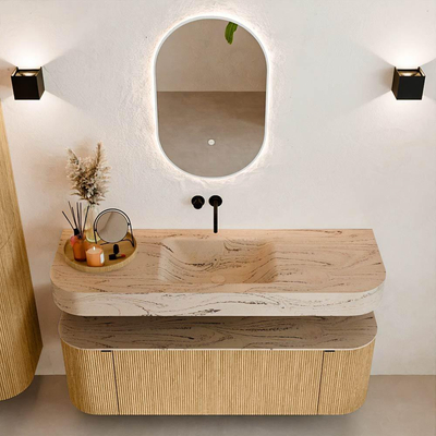 MONDIAZ THOR-DLUX 140cm badmeubel ronding links + rechts kleur Oak met 1 lade en 2 deuren. Vrijhangende wastafel CLOUD Midden zonder kraangat kleur Arena.