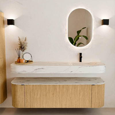 MONDIAZ THOR-DLUX 160cm meuble de salle de bains arrondi gauche + droite couleur Oak avec 1 tiroir et 2 portes. Vasque suspendue CLOUD Droite 1 trou de robinet couleur Nata.