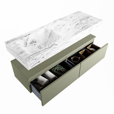 Mondiaz ALAN-DLUX Ensemble de meuble - 130cm - meuble Army mat - 2 tiroirs - Lavabo Cloud Glace suspendu - vasque Gauche - 1 trou de robinet