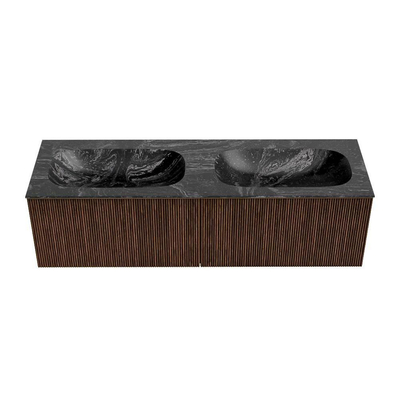 MONDIAZ KURVE-DLUX 150cm badmeubel kleur Walnut met 2 lades. Wastafel STOR SMALL dubbel zonder kraangat kleur Lava.