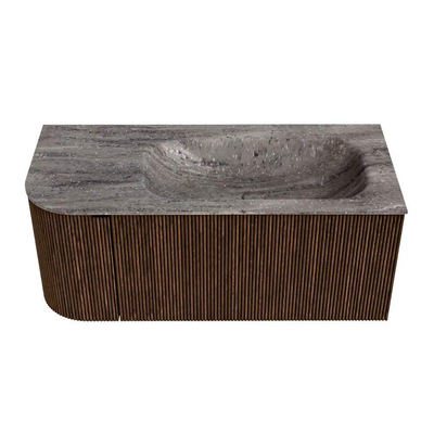 MONDIAZ KURVE-DLUX 105cm badmeubel ronding Links kleur Walnut met 1 lade en 1 deur. Wastafel BIG SMALL Rechts 1 kraangat Oza.