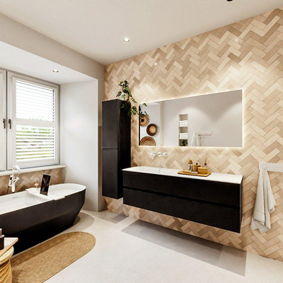 MONDIAZ VICA meuble sous lavabo 150cm Urban 2 tiroirs. Lavabo CLOUD gauche sans trou de robinet, couleur Talc.