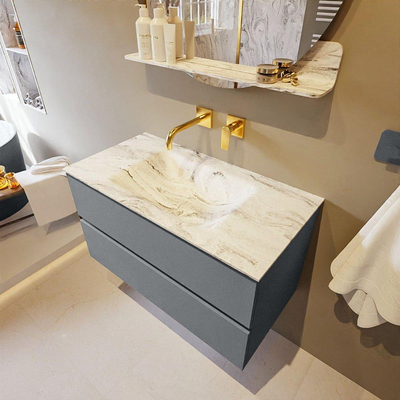 Mondiaz VICA-DLUX Ensemble de meuble de salle de bain - 90cm - meuble sous-vasque plata - 2 tiroirs - lavabo encastrée cloud milieu - sans trous de robinet - version haute de 60cm - glace