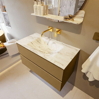 Mondiaz VICA-DLUX Ensemble de meuble de salle de bain - 90cm - meuble sous-vasque oro - 2 tiroirs - lavabo encastrée cloud milieu - sans trous de robinet - version haute de 60cm - glace