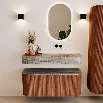 MONDIAZ THOR-DLUX 110cm meuble de salle de bains arrondi gauche + droite couleur Ruby avec 1 tiroir et 2 portes. Vasque suspendue CLOUD Droite sans trou de robinet couleur Oza.