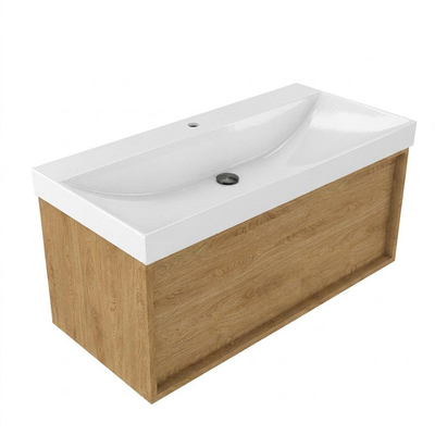 Saniclass Holz Frame Ensemble meuble de salle de bains - 100x45x47.5cm - Wave lavabo en céramique - 1 vasque - 1 trou de robinetterie - 1 tiroir - chêne natural mat (bois)
