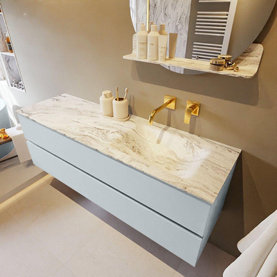 Mondiaz VICA-DLUX Ensemble de meuble de salle de bain - 150cm - meuble sous-vasque argile - 2 tiroirs - lavabo encastré nuage droite - sans trous de robinet - version haute de 60cm - glace