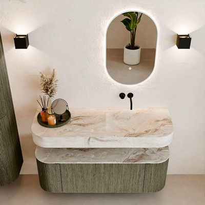 MONDIAZ THOR-DLUX 130cm meuble de salle de bains arrondi gauche + droite couleur Shadow avec 1 tiroir et 2 portes. Vasque suspendue CLOUD Droite sans trou de robinet couleur Frappe.