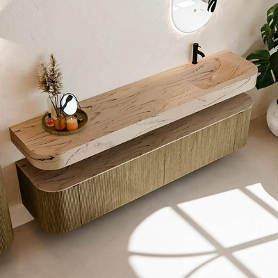 MONDIAZ THOR-DLUX Meuble de salle de bains - 200cm - arrondi gauche + droite - couleur Dusk - 2 tiroirs et 2 portes - Vasque suspendue CLOUD Droite 1 trou de robinet couleur Arena