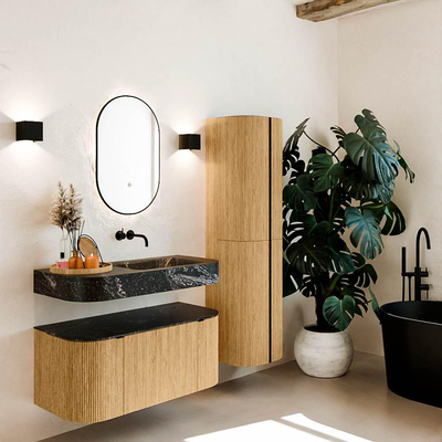 MONDIAZ THOR-DLUX 100cm meuble de salle de bains arrondi gauche + droite couleur Chêne avec 1 tiroir et 2 portes. Vasque suspendue CLOUD Droite sans trou de robinet couleur Lava.