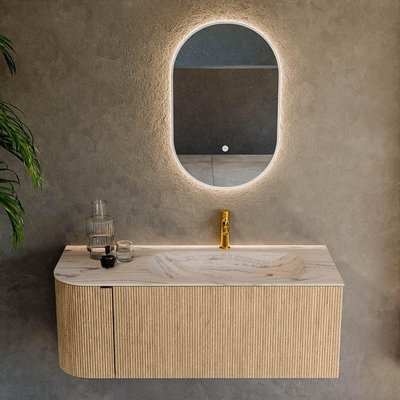 MONDIAZ KURVE-DLUX 115cm badmeubel ronding Links kleur Oak met 1 lade en 1 deur. Wastafel BIG SMALL Rechts 1 kraangat Nata.