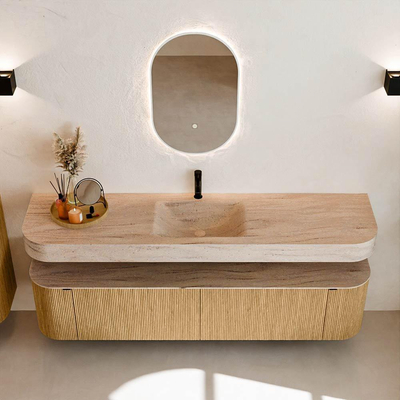 MONDIAZ THOR-DLUX Meuble de salle de bains 190cm arrondi gauche + droite couleur Oak avec 2 tiroirs et 2 portes. Vasque suspendue CLOUD Milieu 1 trou de robinet couleur Saba.