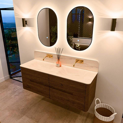 Mondiaz CIRO-DLUX Badkamermeubelset - 140x45x50cm - Solid surface wastafel Meli - 2 wasbak Dubbel - zonder kraangaten - 4 lades - Dusk