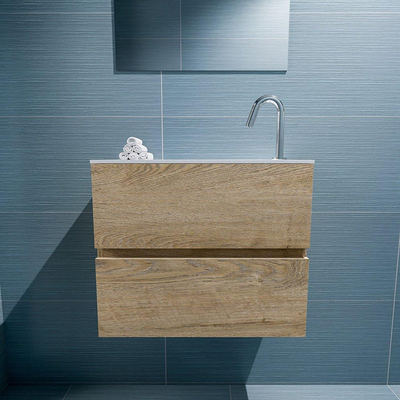 MONDIAZ ADA Toiletmeubel - 60x30x50cm - 1 kraangat - 2 lades - washed oak mat - wasbak rechts - Solid surface - Wit