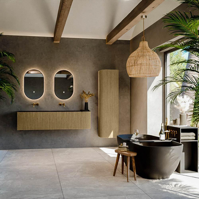 Ensemble de meuble de salle de bain Mondiaz KURVE - 165x46x40cm - 2 tiroirs - 1 porte - lavabo en solid surface - double / gauche - sans trou de robinet - Dusk