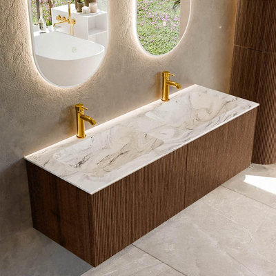 MONDIAZ KURVE-DLUX 130cm badmeubel kleur Walnut met 2 lades. Wastafel LEAF dubbel 2 kraangaten kleur Glace.