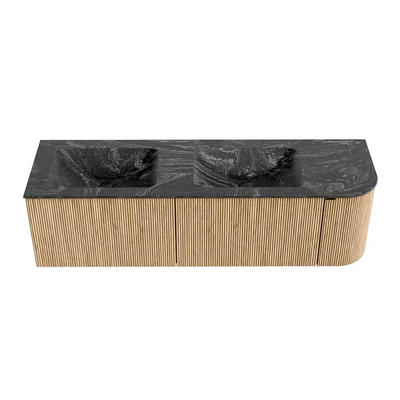 MONDIAZ KURVE-DLUX meuble de salle de bains 155 cm avec module 25 R couleur Oak avec 2 tiroirs et 1 porte. Lavabo LEAF double / gauche 2 trous de robinet couleur Lava.