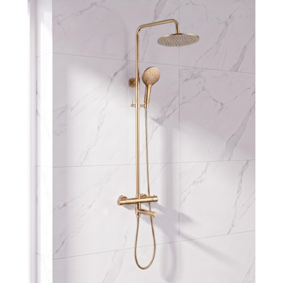 Fortifura Calvi Regendoucheset - thermostatisch - 25cm hoofddouche - metalen slang - ronde handdouche - draaibare baduitloop - Geborsteld Messing PVD (Goud)