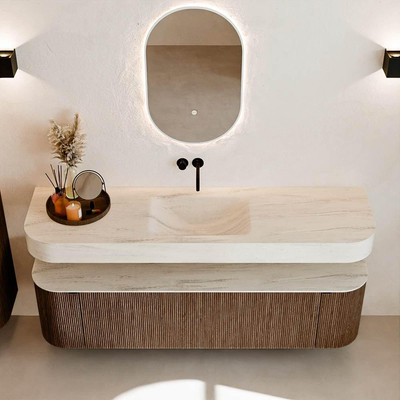 MONDIAZ THOR-DLUX 170cm badmeubel ronding links + rechts kleur Walnut met 1 lade en 2 deuren. Vrijhangende wastafel CLOUD Midden zonder kraangat kleur Meli.