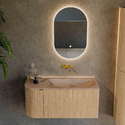 MONDIAZ KURVE-DLUX Meuble de salle de bains 95cm courbe Gauche couleur Chêne avec 1 tiroir et 1 porte. Lavabo BIG SMALL Droite sans trou de robinet Arena.