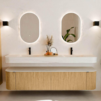 MONDIAZ THOR-DLUX 200cm meuble de salle de bains arrondi gauche + droite couleur Chêne avec 2 tiroirs et 2 portes. Vasque suspendue CLOUD Double 2 trous de robinet couleur Meli.