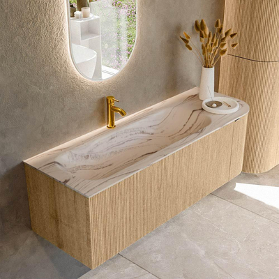 MONDIAZ KURVE-DLUX 135cm badmeubel ronding Rechts kleur Oak met 1 lade en 1 deur. Wastafel BIG MEDIUM Links 1 kraangat Nata.