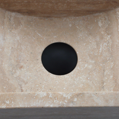 FugaFlow Efficiente Ensemble Fontaine Pierre - 40x22x10 cm - trou du robinet à droite - robinet de fontaine noir mat - bouchon de vidange - siphon abaissé - pierre naturelle mouchetée