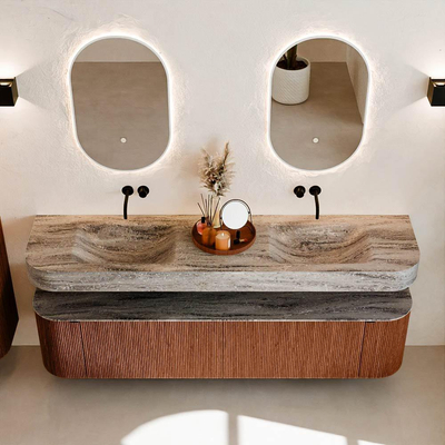 MONDIAZ THOR-DLUX 190cm meuble de salle de bains arrondi gauche + droite couleur Ruby avec 2 tiroirs et 2 portes. Vasque suspendue CLOUD Double sans trou de robinet couleur Oza.