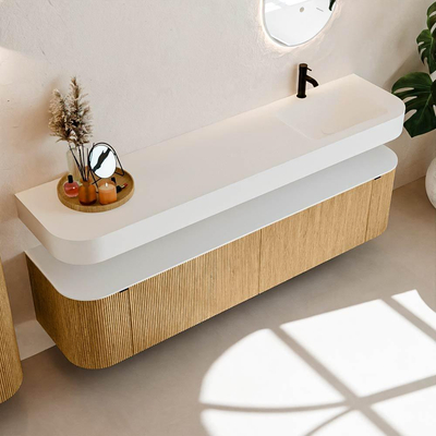 MONDIAZ THOR 190cm meuble de salle de bains arrondi gauche + droite couleur Oak avec 2 tiroirs et 2 portes. Vasque suspendue CLOUD Droite 1 trou de robinet couleur Talc.