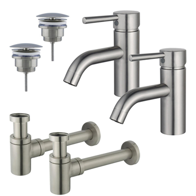 FugaFlow Eccelente Sobrado Badkamer Wastafelkraanset - voor dubbele wastafel - lage wastafelkraan - always open plug - verlaagde design sifon - PVD Geborsteld RVS