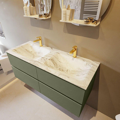 Mondiaz VICA-DLUX ensemble de meuble de salle de bain - 120cm - meuble sous-vasque armée - 4 tiroirs - lavabo encastré nuage double - 2 trous de robinet - version haute de 60cm - glace