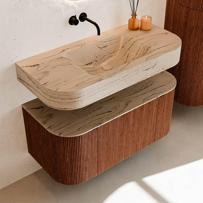 MONDIAZ THOR-DLUX 100cm meuble de salle de bains arrondi gauche + droite couleur Ruby avec 1 tiroir et 2 portes. Vasque suspendue CLOUD Milieu sans trou de robinet couleur Arena.