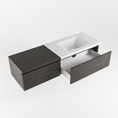 MONDIAZ BUKLA meuble de salle de bains 140 cm avec module 60 couleur Dark Brown avec 2 tiroirs. Lavabo CLOUD à droite 1 trou de robinet couleur Talc.
