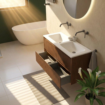Saniclass Holz Atelier Ensemble meuble de salle de bains - 120x45x77.5cm - lavabo Torino en solid surface blanc - sans trou de robinet - 2 tiroirs - walnut pure mat (bois)