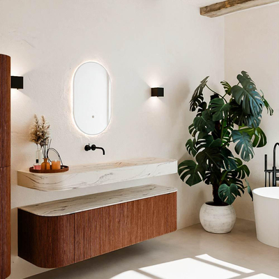 MONDIAZ THOR-DLUX 160cm meuble de salle de bains arrondi gauche + droite couleur Ruby avec 1 tiroir et 2 portes. Vasque suspendue CLOUD Milieu sans trou de robinet couleur Nata.