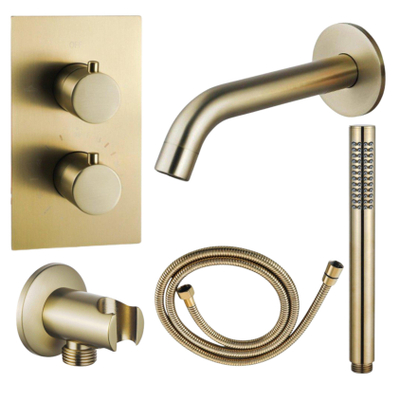 FugaFlow Eccelente Acces Badkraan set - uitloop - 22cm inkortbaar - metalen slang - staafhanddouche - inbouwdeel - wandhouder - geborsteld messing