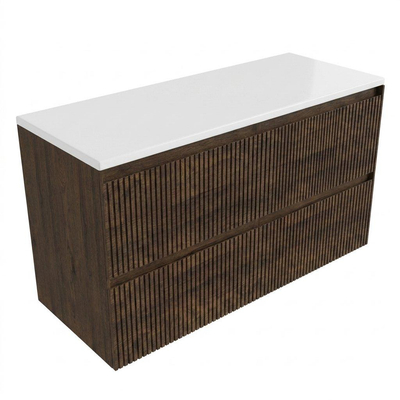 Saniclass Holz Atelier Ensemble de meubles de salle de bains - 120x45x62.5cm - Plan de toilette Torino en solid surface blanc - sans trou de robinetterie - 2 tiroirs - chêne charcoal mat (bois)