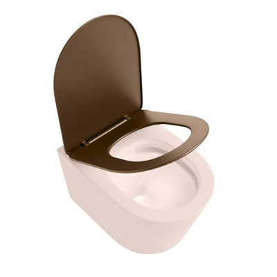 Mondiaz LAVIE hangtoilet – spoelrandloos – 36 x 53 cm – met softclose zitting – Rosee (roze), zitting Rust (bruin)