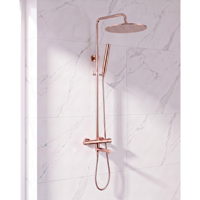 Fortifura Calvi Regendoucheset - thermostatisch - 30cm hoofddouche - metalen slang - ronde handdouche - draaibare baduitloop - PVD - geborsteld koper