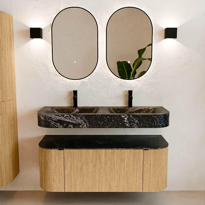 MONDIAZ THOR-DLUX 120cm meuble de salle de bains arrondi gauche + droite couleur Oak avec 1 tiroir et 2 portes. Vasque suspendue CLOUD Double 2 trous de robinet couleur Lava.