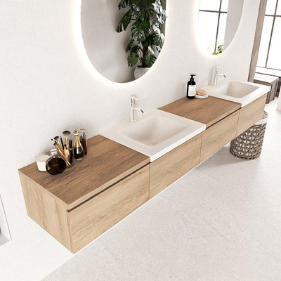 Mondiaz BUKLA badkamermeubelset 240x45x34cm 2 kraangaten 2 wasbakken solid surface Talc greeploos 4 lades met softclose Melamine Washed Oak