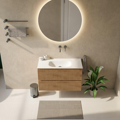 Saniclass Holz Atelier Ensemble meuble de salle de bains - 100x45x61.5cm - lavabo Flow en solid surface blanc - 1 vasque - sans trou de robinetterie - 2 tiroirs - chêne natural mat (bois)