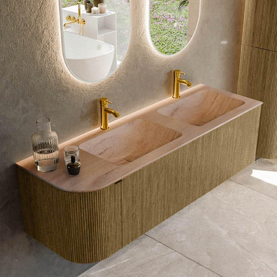 MONDIAZ KURVE-DLUX Meuble de salle de bains 145cm arrondi gauche couleur Dusk avec 1 tiroir et 1 porte. Lavabo LEAF Double / Droite 2 trous de robinet Saba.