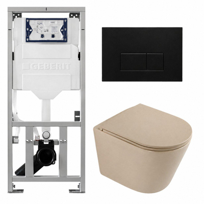 QeramiQ Dely Pack WC - 36,3x51,7cm - à fond creux - sans bride - réservoir encastré Geberit UP320 - abattant WC à fermeture douce - plaque de déclenchement en métal noir mat - boutons rectangulaires - beige mat