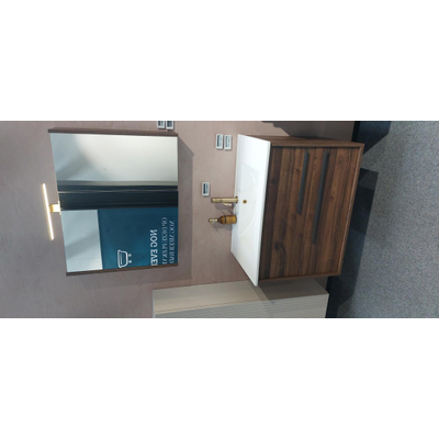 Saniclass Prime Essential Wastafelonderkast 80x55x46cm noten MET Vygo Meubelwastafel MET Fortifura Calvi Slim Wastafelkraan goud EN afvoerplug MET Spiegelkast noten EN spiegelverlichting goud SHOWROOMMODEL
