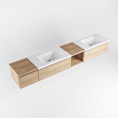 MONDIAZ BUKLA 240cm ensemble de meuble avec module ouvert 40 à droite couleur Chêne blanchi avec 3 tiroirs. Lavabo CLOUD double 0 trou de robinet couleur Talc.